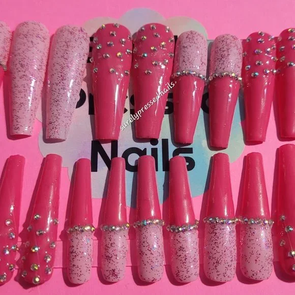 Two-Tone Pinks Shimmer Rhinestone Ballerina Press on Nails - Picture 3 of 4